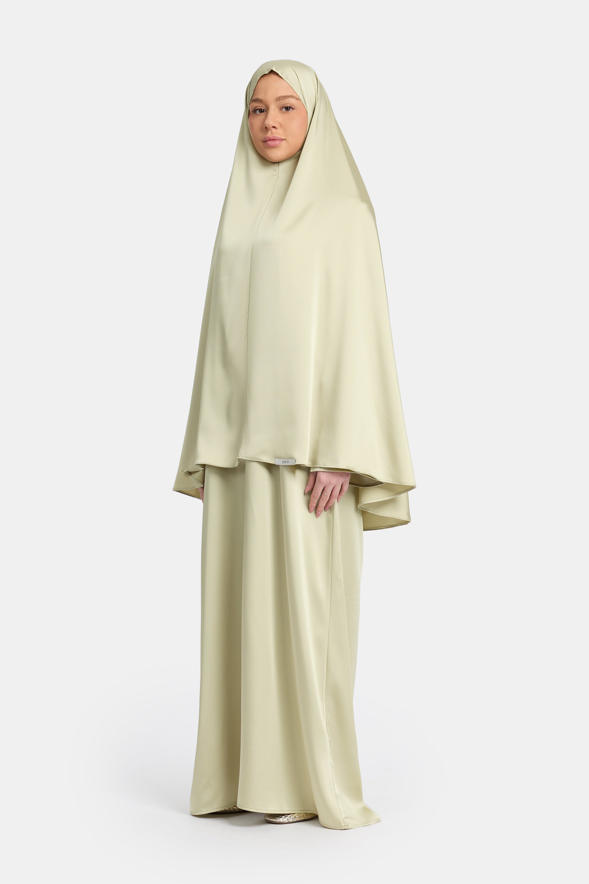 Satin Khimar Abaya Set - Almond Green