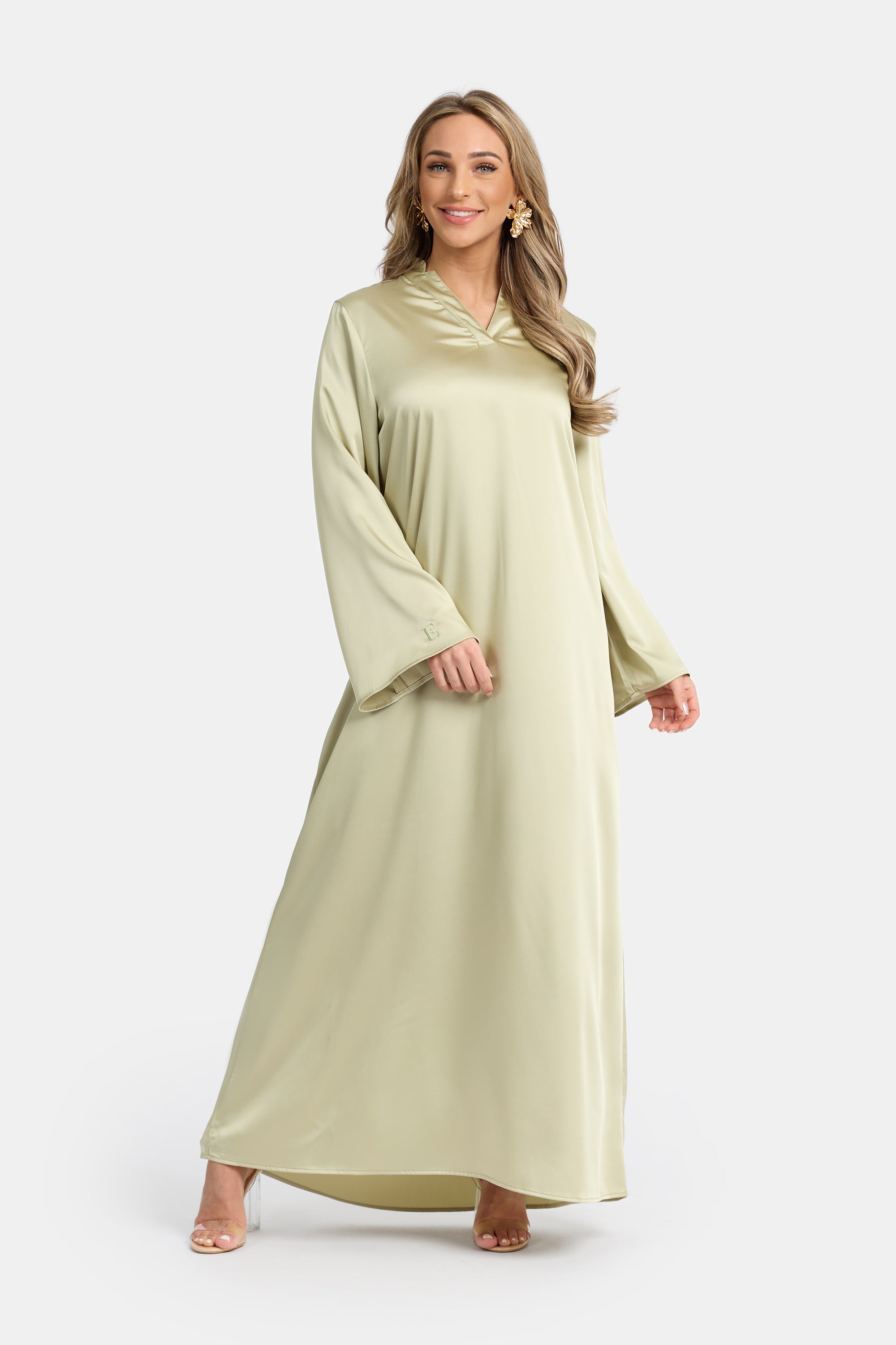 Satin Khimar Abaya Set - Almond Green