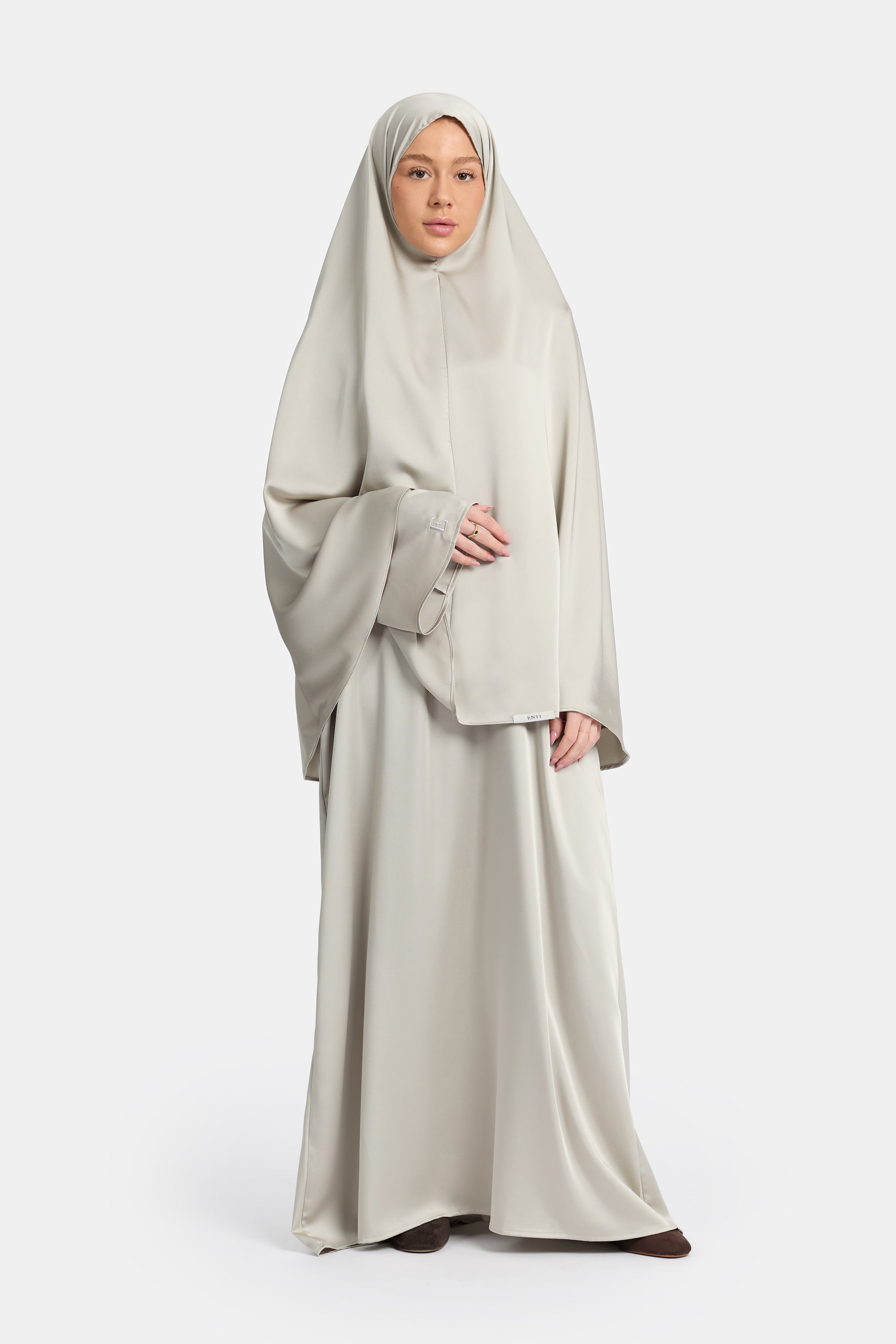 Satin Khimar Abaya Set - Cream Grey