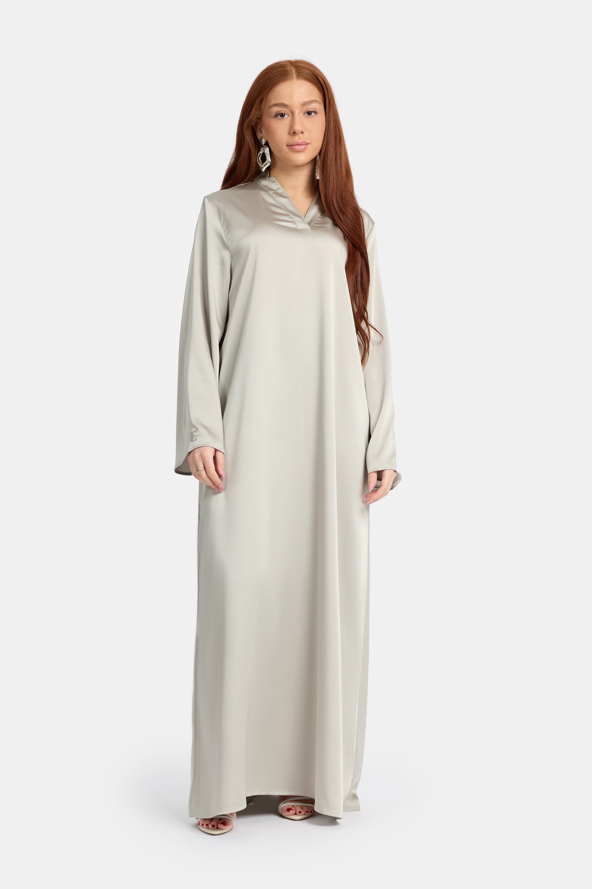 Satin Khimar Abaya Set - Cream Grey