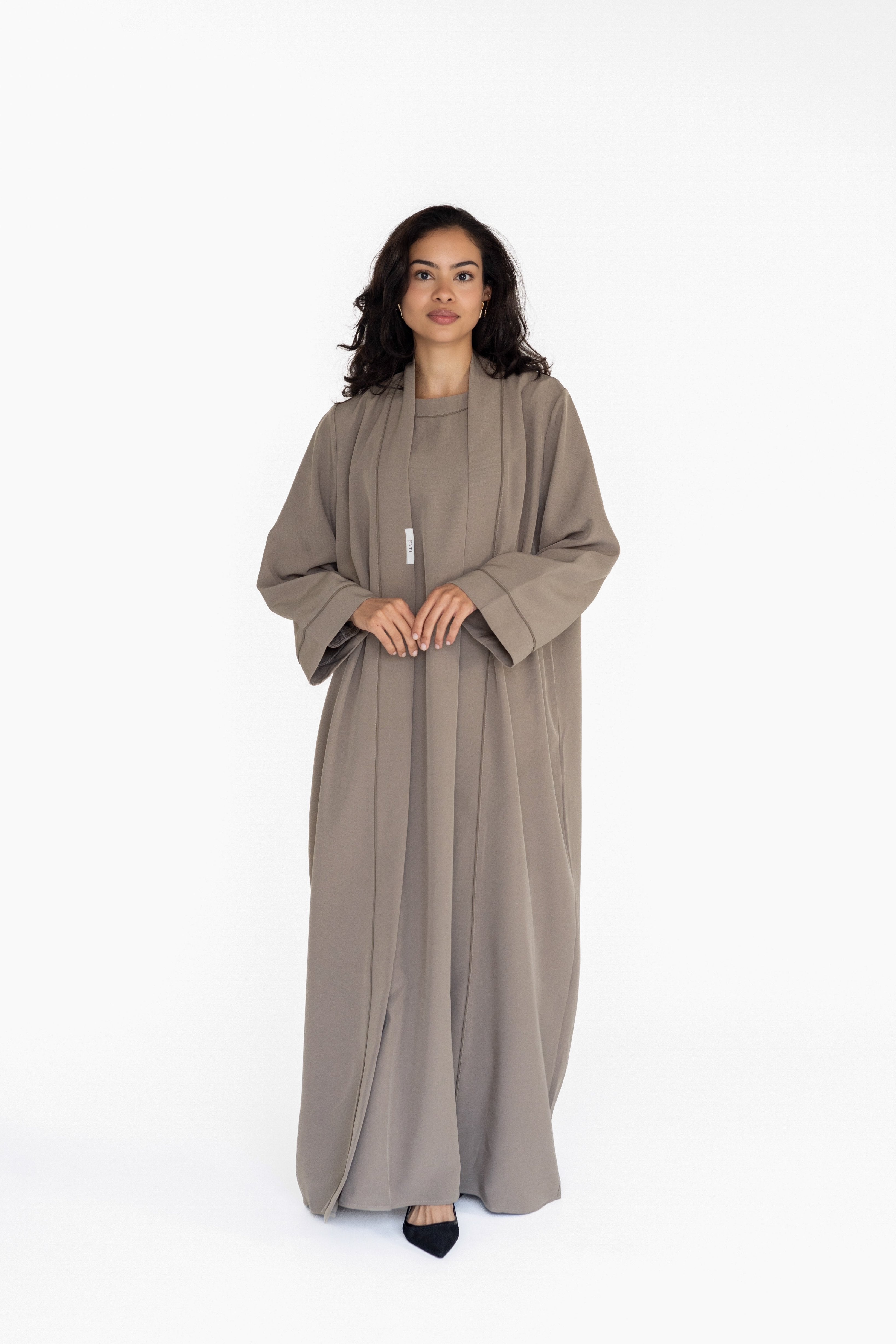 ESSENTIAL DARORI ABAYA AND KIMONO SET - ASH BROWN